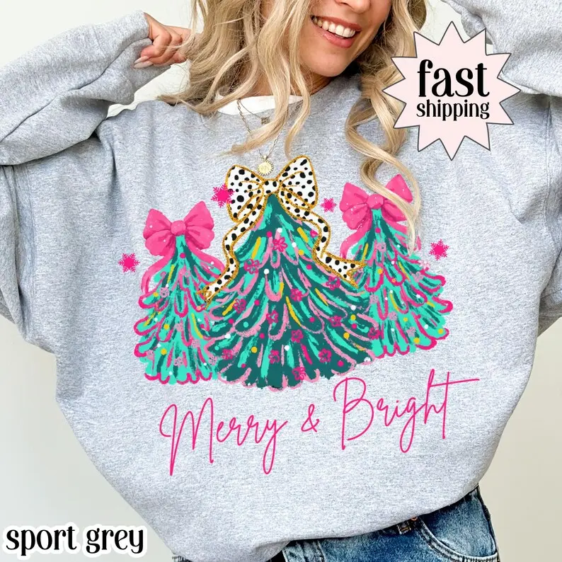 Christmas Sweatshirt Merry & Bright Xmas Tree Sweater Pink Holiday Festive Bow Lights Pullover Cute Jolly Tee Merry Christmas Mom Crewneck Summer