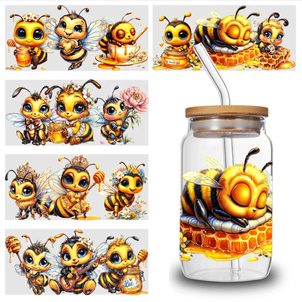5 Sheets Cute Bee UV DTF Stickers Design UV DTF Cup Packaging Transfer Waterproof Self-Adhesive Paper for 16oz Glass Mug Water Bottle Cup Practical Wrap, 3d Crystal Label Waterproof And Scratch - High Quality