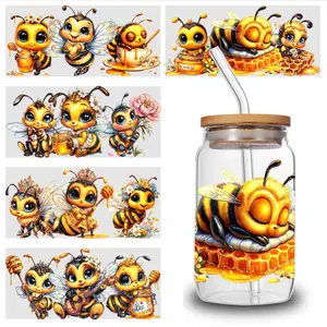 5 Sheets Cute Bee UV DTF Stickers Design UV DTF Cup Packaging Transfer Waterproof Self-Adhesive Paper for 16oz Glass Mug Water Bottle Cup Practical Wrap, 3d Crystal Label Waterproof And Scratch - High Quality