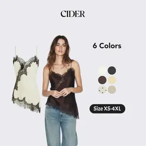 Cider Satin V-neck Floral Lace Lettuce Trim  Blouse Casual Cami Sleeveless Top SummerWins Dealsforyou