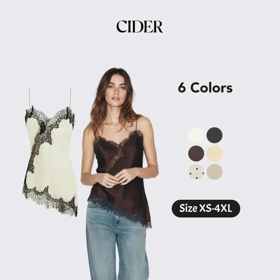 Cider Satin V-neck Floral Lace Lettuce Trim Blouse Casual Cami Sleeveless Top SummerWins SummerFinds