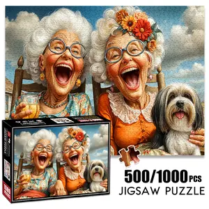 1pc 1000 piece adult puzzle 70x50cm Two Laughing Elderly Women with a Dog and a Glass of Drink 500 pieces paper jigsaw puzzle suitable for DIY creative games for adults and families, birthday and