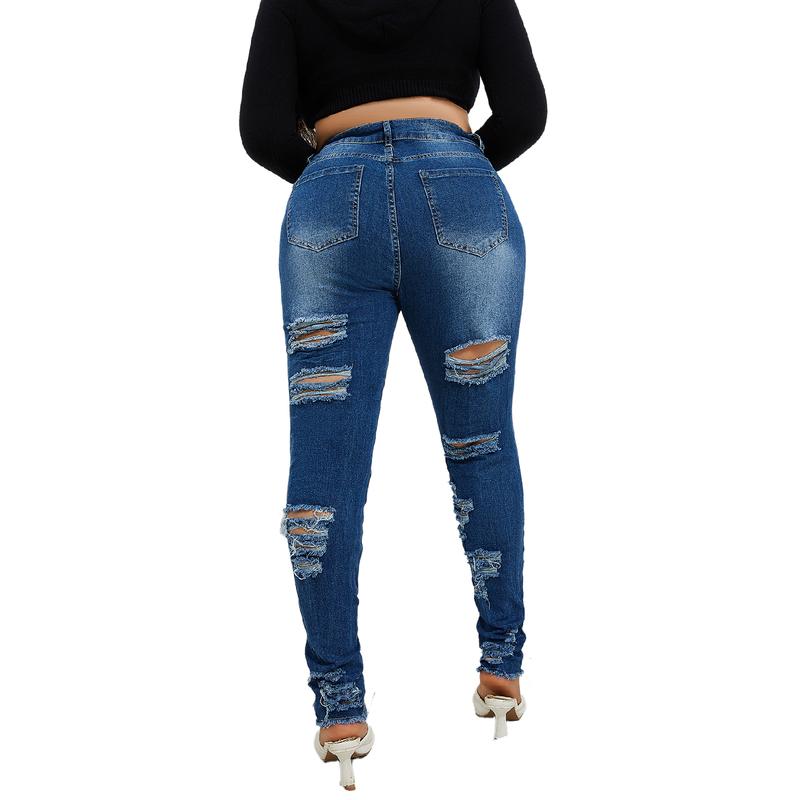Women's Plus Size Stretchy Skinny  jeans in black Ripped Distressed Denim, Basic Style Ankle-Length Denim Pants