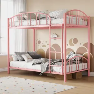 Metal Bunk Bed Twin Over Twin, Heavy Duty Bunkbeds Frame with Arched Guardrail and Safety Ladder, Sturdy Steel Bed for Kids Boys Girls, Modern Pink Durable Construction