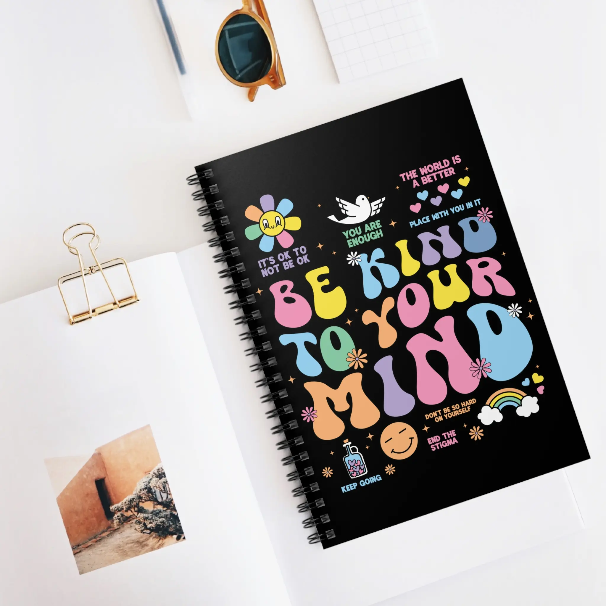 mooshie Inspirational Spiral Notebook | Mental Health Journal, Be Kind To Your Mind, Gift Ideas, Cute Stationery, Self-Care Notebook