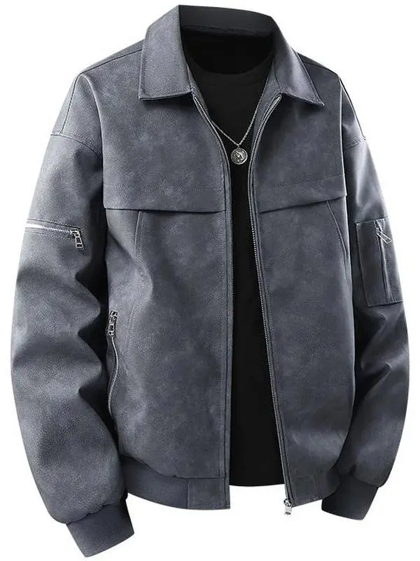 Men’s vintage tie-dye gradient faux leather jacket, men’s loose multi-zip cargo streetwear zip-up jacket, casual windproof jacket with elasticated hem featuring zippers, men’s loose casual streetwear jacket with zippers, vintage turn-down collar faux leat
