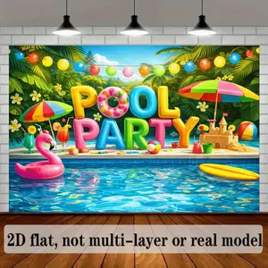 2D Flat 1PC Polyester Banner, Pool Party Theme "POOL PARTY" Design, Inflatable Flamingo, Colorful Umbrella & Tropical Greenery Elements, Vibrant Summer Style, Ideal for Pool Party, Summer Gathering, Outdoor Beach Event, Indoor Outdoor Decor,