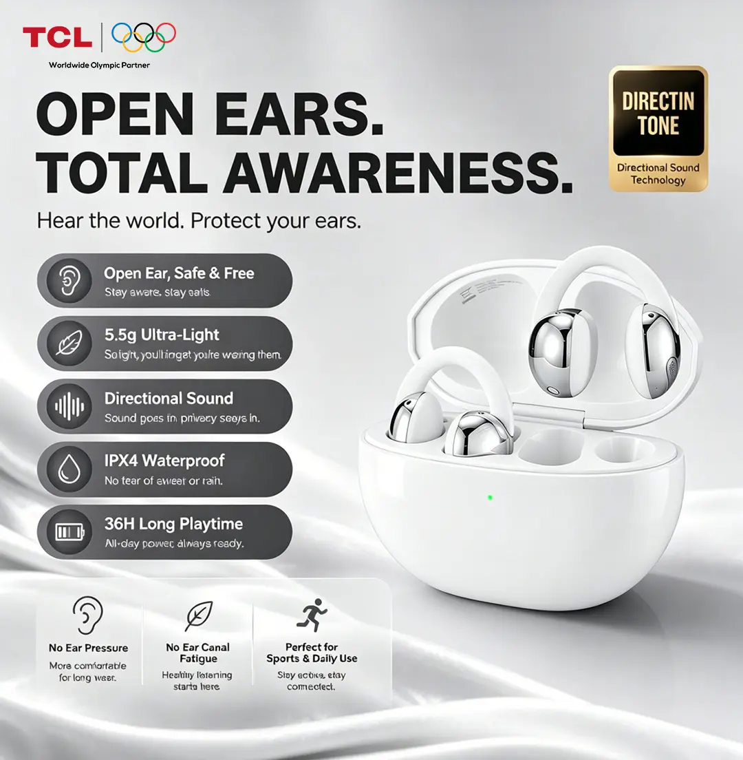 TCL CrystalClip Open-Ear Wireless Earbuds - 2 Styles (Classic, Crystal Edition), 36H Playtime, Waterproof, Lunar White
