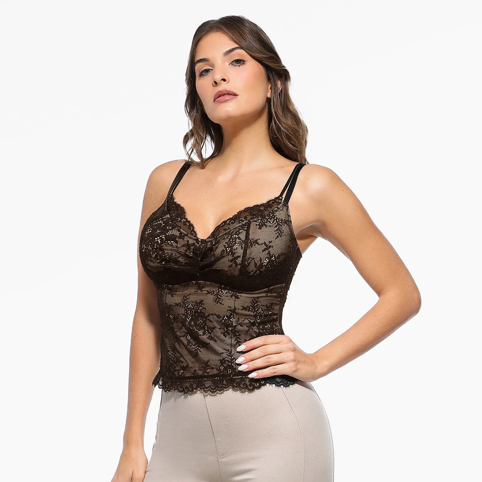 Popilush Women’s Sexy Lace Top | Deep U Neck Adjustable Straps Casual Daily Style Essential-Creator Live
