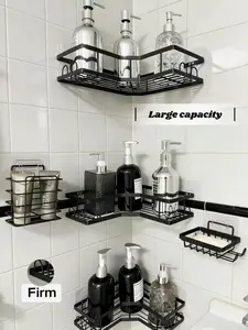 Blush Pink 5-Piece Self-Adhesive Stainless Steel Shower Organizer Set, No-Drilling Waterproof Bathroom Organizer, Rust-Resistant Metal Eco-Friendly Modern Large-Capacity Hollow Round Shelf, Shampoo Body Wash Basket, Toothbrush & Soap Holder for Apartments