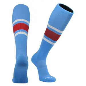 MK Socks Striped Knee High Baseball, Football Socks - Columbia Blue White Red.