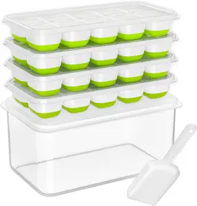 Ice Cube Tray with Lid and Bin - 4 Pack Silicone Ice Cube Trays for Freezer, Stackable Ice Bucket Kits with Storage Container & Scoop for Kitchen, RV, Cocktail, Coffee
