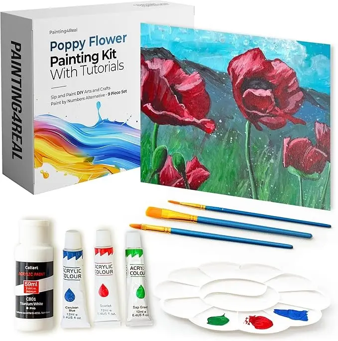 DIY Poppy Field Acrylic Painting Kit with Video Tutorials - 9pc Art Set for Adults and Beginners
