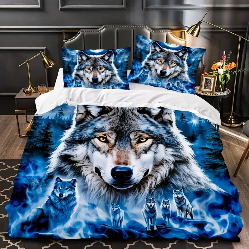 Wolf Print Wildlife Motif 3-Piece Bed Sheet Set - All Seasons Bedding, Soft Skin-Friendly Breathable Fabric, Zipper Closure, Machine Washable, 1 Sheet & 2 Pillowcases (No Filling), Ideal for Bedroom Decoration, Gifting