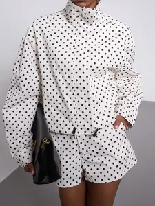 Women's Spring Fall Fashion European Style Stand Collar Vintage Polka Dot Long Sleeve Jacket Pilot Look Outerwear with Polka Dot Shorts Two-Piece Set