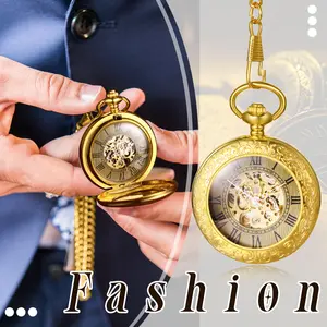Luxury Gold Tone Transparent Automatic Mechanical Pocket Watch Roman Numerals Dial