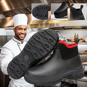 Men's High Quality Slip-On Ankle-High Rain Boots - Durable Rubber Outdoor Shoes with EVA Cushion for Fishing, Car Washing, Hiking & Kitchen Use - All-Season Black with Red Accents, Outdoor Footwear | Slipon Boots | Rubber Sole