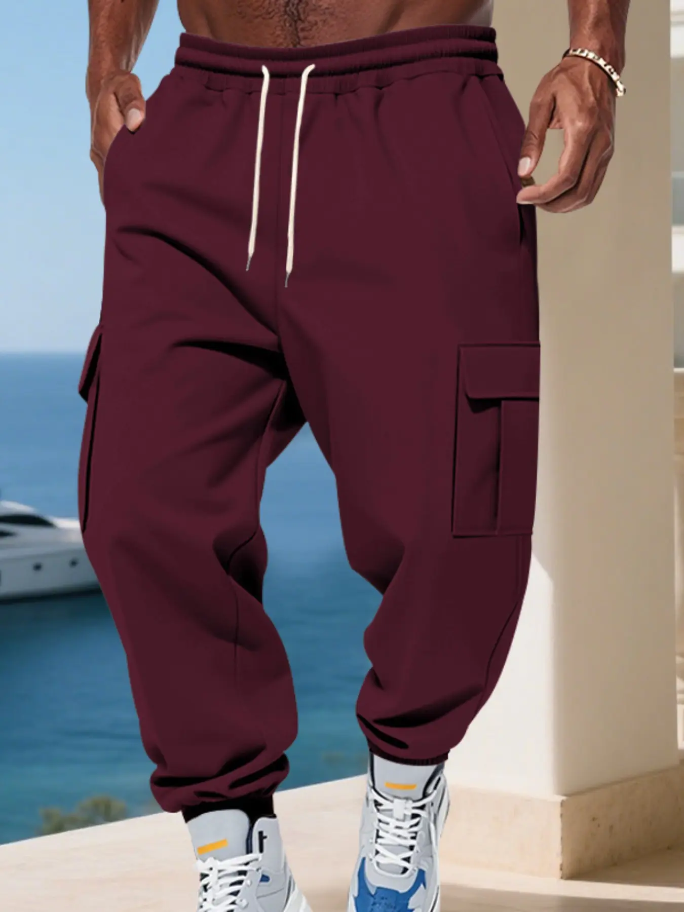 Men's Heavyweight Fleece Lined Stretch Elastic Cargo Pants, Loose Fit Casual Outdoor Workwear Joggers, Fall Winter American Style Warm Sweatpants with Pocket