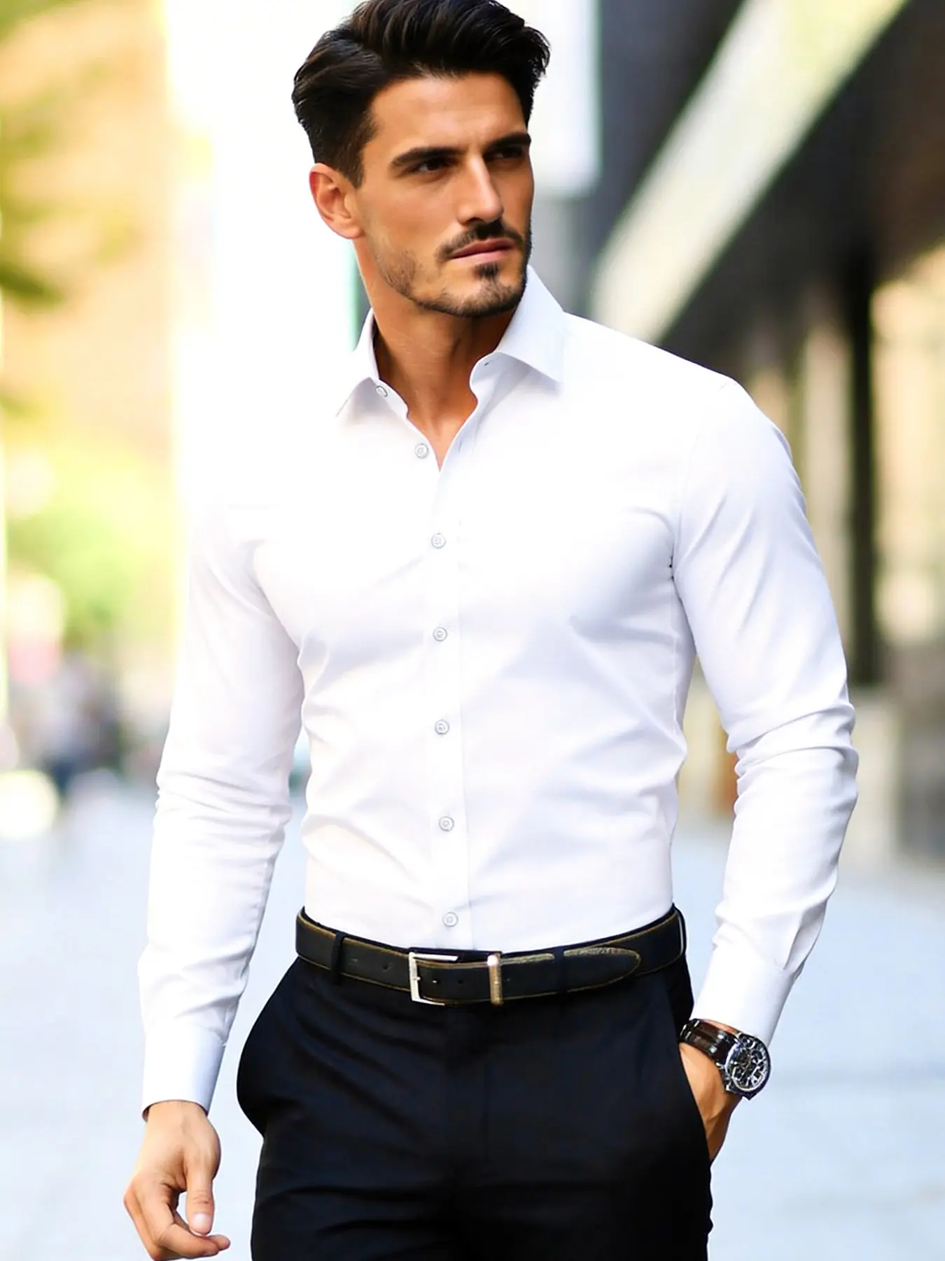 Men's Long Sleeve Mandarin Collar Shirt, Classic Fashionable Solid Color Elastic Fabric, Perfect for Business and Casual Wear, Casual Business Style, Collared Fitted Shirt