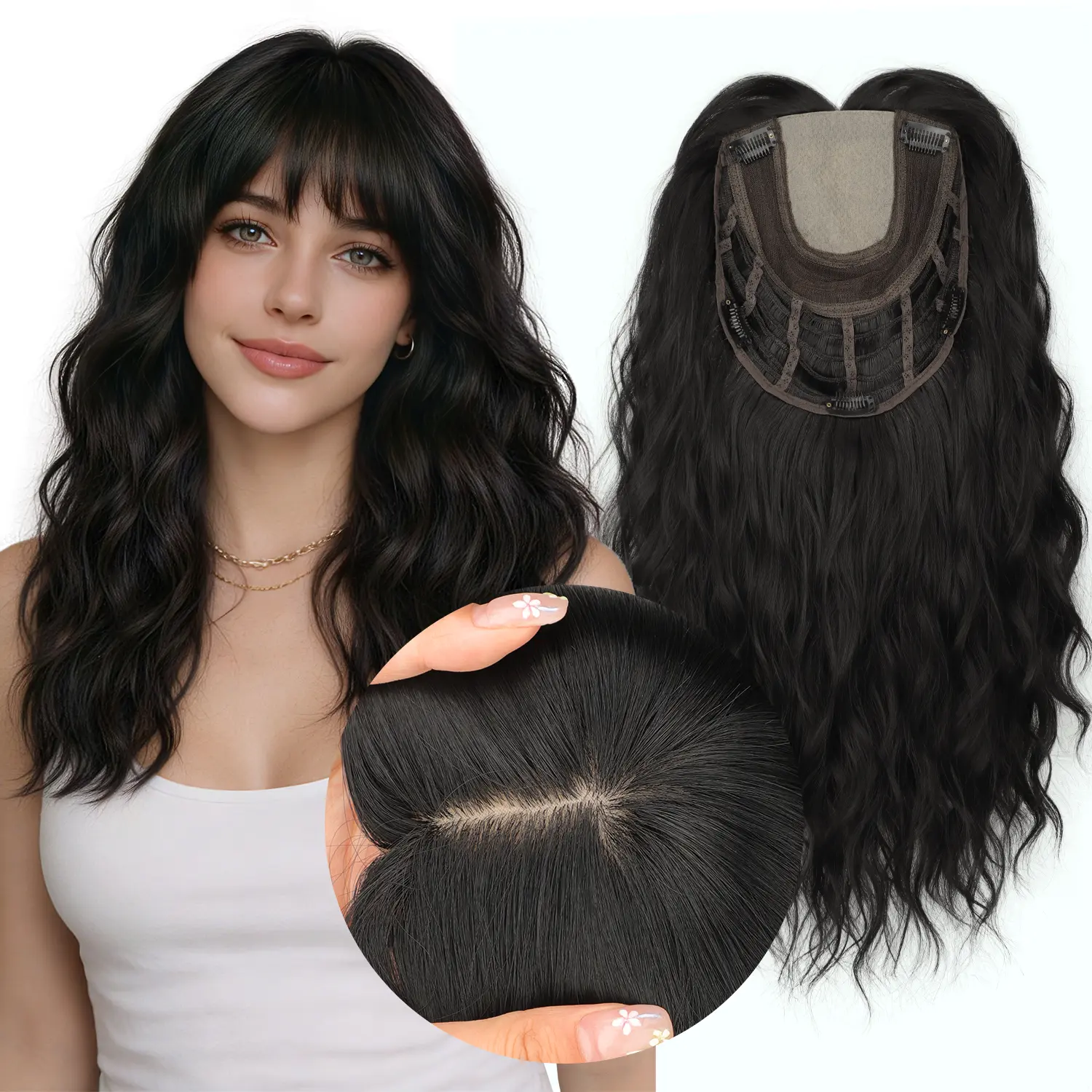 20 Inch Hair Topper for Women with Thinning Hair, Synthetic Curly Wavy Clip-In Topper with Wispy Bangs Natural Looking Crown Coverage Lightweight Hair Piece for Volume