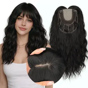 20 Inch Hair Topper for Women with Thinning Hair, Synthetic Curly Wavy Clip-In Topper with Wispy Bangs Natural Looking Crown Coverage Lightweight Hair Piece for Volume