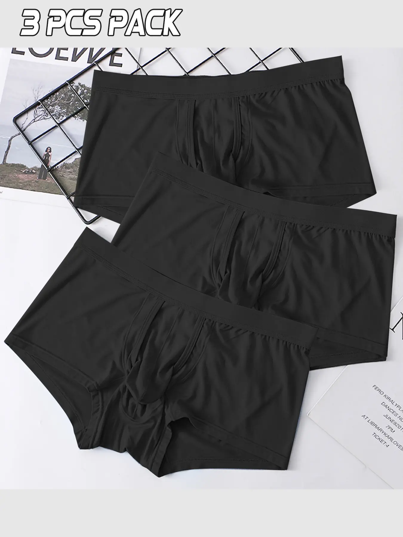 3-piece color set of men's athletic boxer briefs, breathable high-elasticity cotton briefs, soft and quick-drying with an independent pocket elephant trunk design, Casual style plain fabric underwear, Underwear Boxers