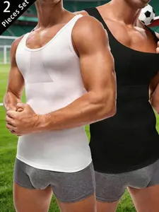 Men's Two-Piece Compression Vest Shapewear Body Sculpting Set, Breathable High Elastic Slimming Underwear, Wide Shoulder Straps, Suitable for Sports and Daily Wear