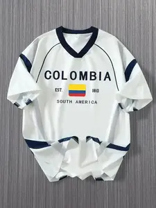 2026 Trendy Football Style!Colombia Logo Print T-Shirt, Athletic Workout Clothing, Summer Loose Fit V Neck Sports Short Sleeve, Sporty H Type Fitted Tee, Athletic Top