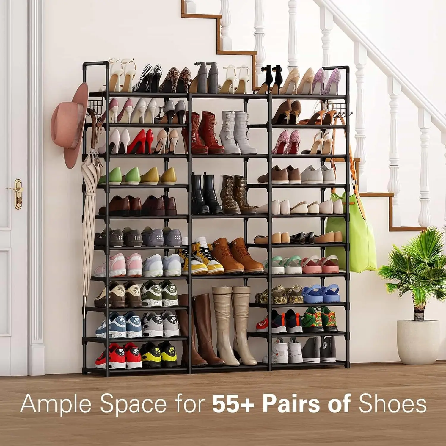 Tall Shoe Rack Organizer: 10 Tier Vertical Shoe Rack Shelf, Holds 55-65 Pairs Shoes and Boots, Free Standing for Closet or Entryway, 11.8" D x 50" W x