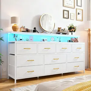 Raybee 55" W Viral Dresser for Living Room with 10 Fabric Drawers, LED Lights & Power Outlets, Metal Frame, Wood Top,Chests of Drawers Dresser