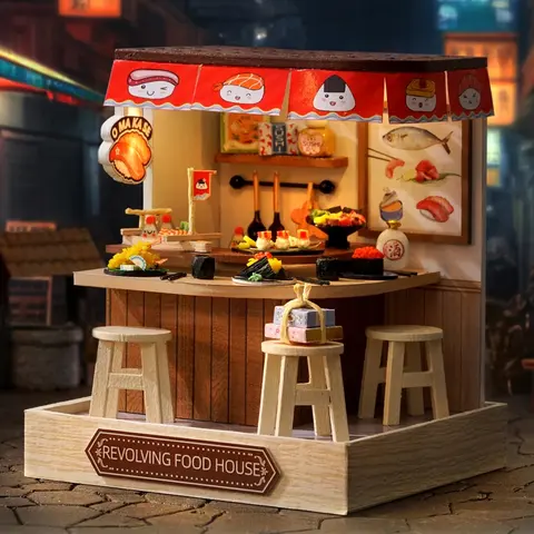 Cuteroom DIY Sushi Restaurant Model Kit, Japanese Style Miniature Building Set with LED Lights & Dust Cover, Creative Gift for Teens & Adults, Wooden House Kit Adults