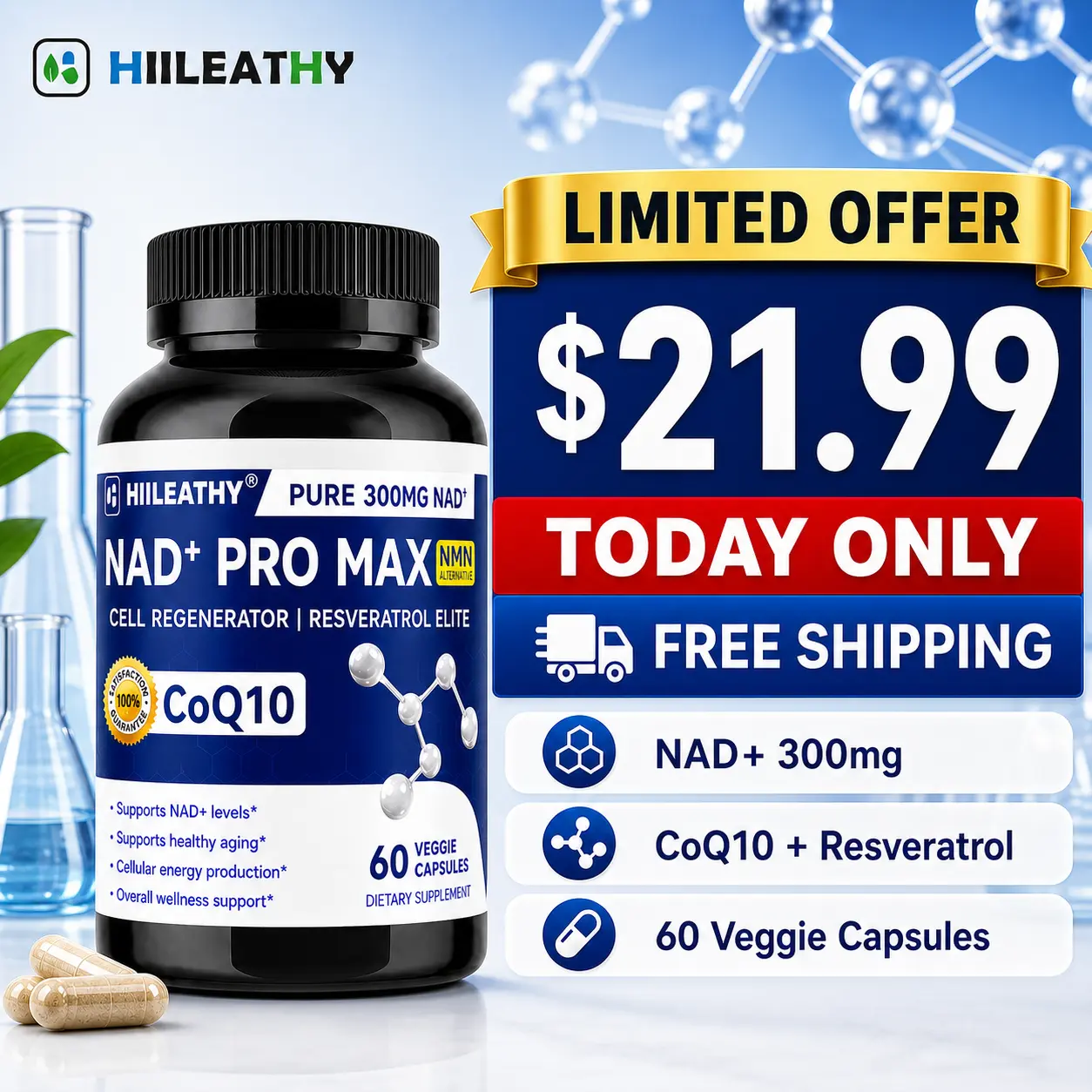 HIILEATHY NAD+ PRO MAX | Premium NAD+, CoQ10 & Resveratrol Blend | Daily Wellness | Made in USA