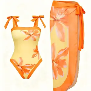 Sunset Yellow Floral Bathing Suit - Bow Strap One Piece & Matching Sheer Sarong Skirt