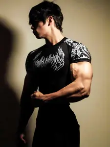 Men's High Elasticity Quick-Dry Sports T-Shirt, Slim Fit Breathable Gym Top with Motivational Print, Summer Short Sleeve Training Shirt, Fitness Clothes Tops