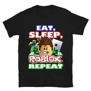 Youth 100% Cotton Ribbed "Eat Sleep Repeat" Gamer T-Shirt - Avatar Retro Brick Character Apparel, Cargo-Inspired Short-Sleeve Crewneck, Soft Loose-Fit Casual Top