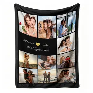 Custom Couple Photo Flannel Throw Blanket, Personalized Your Text Here Collage Pattern Soft Cozy Warm Nap Blanket for Couch Bedroom, Customized Romantic Anniversary Gift for Partner, Valentine's Day Christmas Birthday Present