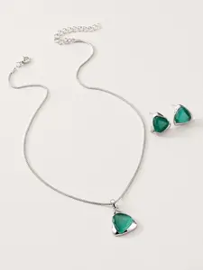 2Pcs Green Cat Eye Stone Jewelry Set for Women, Silver Tone Triangle Pendant Necklace and Matching Stud Earrings, Minimalist Everyday Gift Accessories