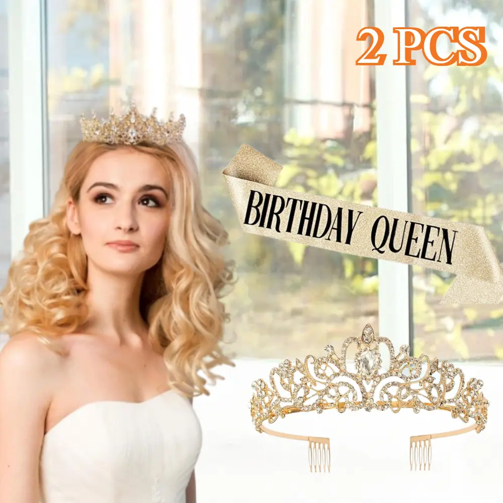 2PCS Stylish Crowns Tiaras Birthday Sash for Women,Shiny Birthday Crown and Birthday Queen Sash,Crown Queen Tiara for Wedding Prom Party Christmas Rhinestone Bridal Crystal hair accessory diamond quince