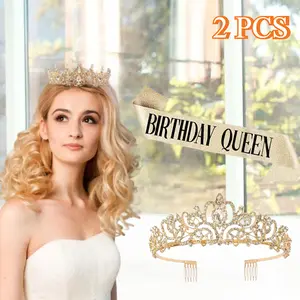 2PCS Stylish Crowns Tiaras Birthday Sash for Women,Shiny Birthday Crown and Birthday Queen Sash,Crown Queen Tiara for Wedding Prom Party Christmas Rhinestone Bridal Crystal hair accessory diamond quince