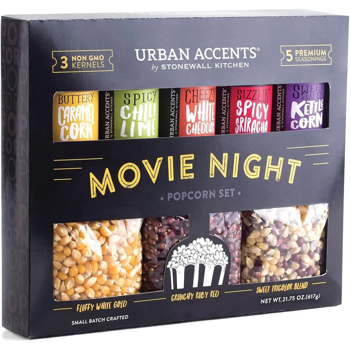 Urban Accents Movie Night Popcorn Gift Set – Includes 3 Gourmet Popcorn Kernel Varieties & 5 Flavorful Seasonings – Perfect Snack Gift Box for Parties, Holidays, or Movie Lovers