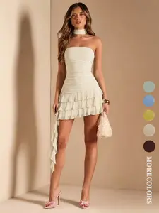 Women's Summer Strapless Sleeveless Mini Dress, Plain Mesh Ruched Pleated Layered Cake Dress, Short Slim Fit Backless Beach Party Dress, Sexy Breathable Elegant