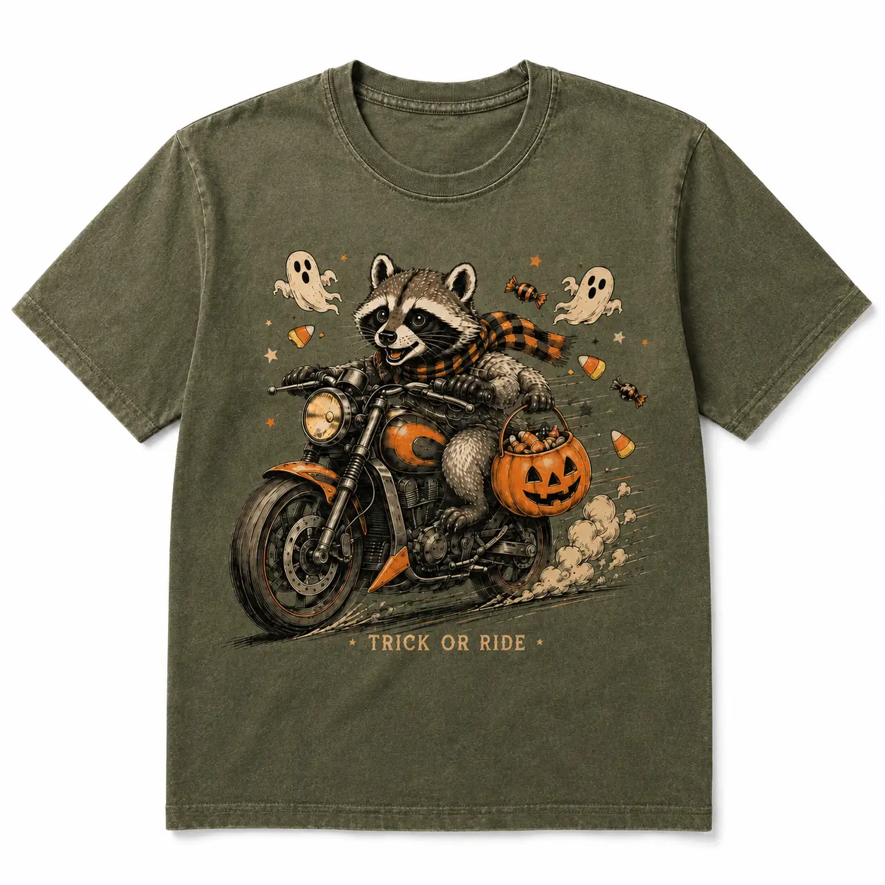 Halloween Raccoon Motorcycle T-Shirt, Trick or Ride Graphic Tee, Vintage Spooky Season Shirt, Funny Raccoon Biker Halloween Tee, Pumpkin Ghost Candy Corn Fall Shirt