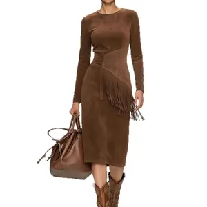 New Women's Retro Western Round Neck Slim Fit Long Sleeve Fringe Suede Dress