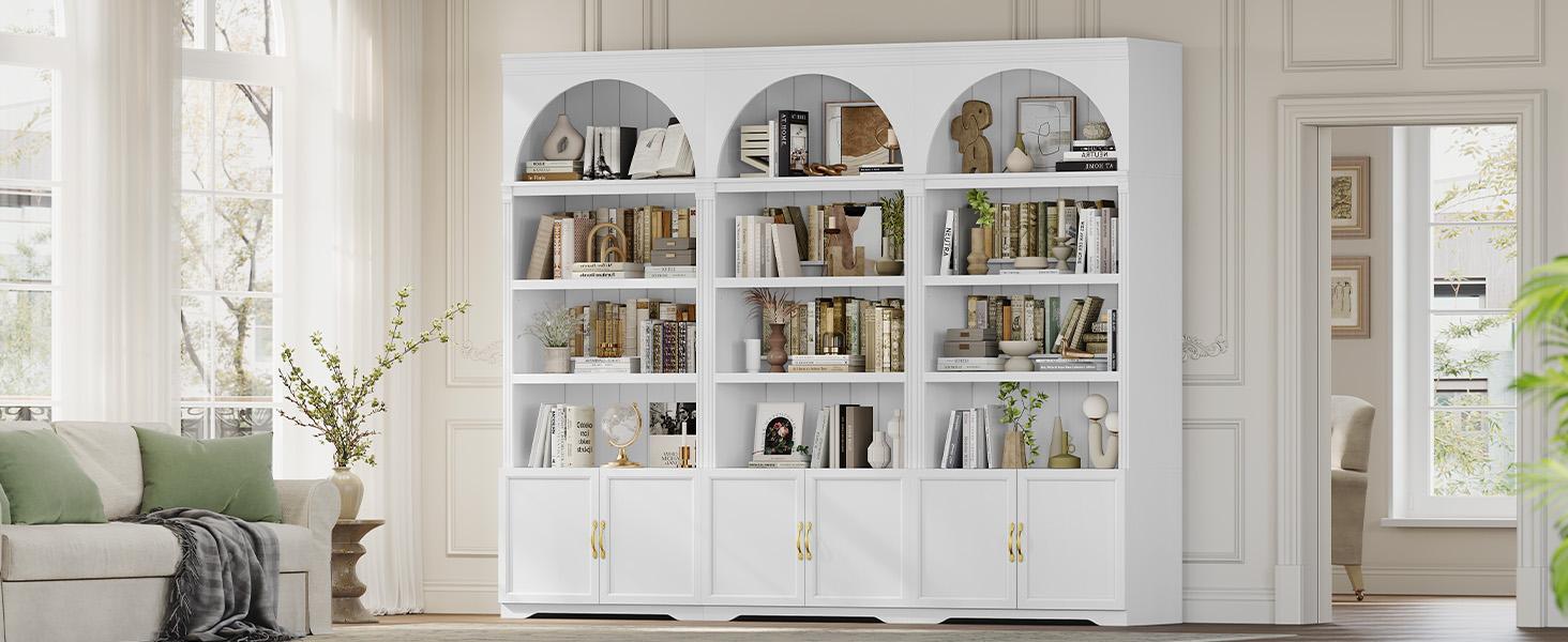 81.2" Tall Arched Cabinet, Bookcase with storage, Modern 6-Tier Bookshelf with Door, 2 Book Risers and Adjustable Shelves for Living Room,Kitchen,Home Office, Space Saving (White)