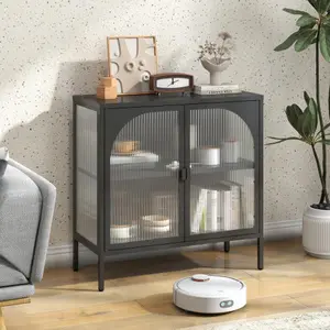 Metal Sideboard Cabinet,Accent Storage Cabinet with 2 Glass doors,Modern Coffee Bar Cabinet with Adjustable Shelves 154 lbs Capacity for Kitchen, Living Room and Hallway, White Cupboard Furniture