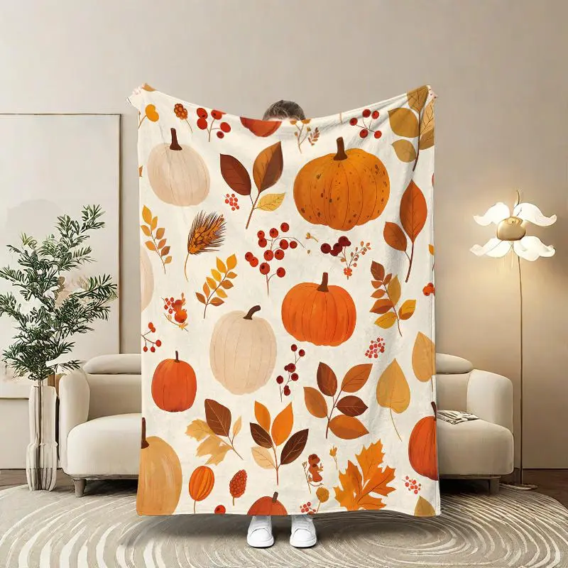 Fall Pumpkin Print Blanket, 1 Count Modern Style Soft Comfortable Throw Blanket for Couch, Travel Sofa Bed Blanket, Office Home Decoration, Birthday Gift Blanket, Decorative Giftable Blankets