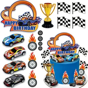 24pcs race car happy birthday cake decoration race car cake toppers checkered flag themed cake decoration race car themed birthday party supplies boy and girl cake decoration