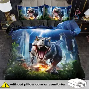 2D Print Dinosaur Pattern, Soft Breathable Polyester Fabric, All-Season Use, Includes 1 Fitted Sheet + 2 Pillowcases, Soft Bedding Sets