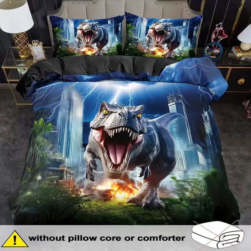2D Print Dinosaur Pattern, Soft Breathable Polyester Fabric, All-Season Use, Includes 1 Fitted Sheet + 2 Pillowcases, Soft Bedding Sets, Bedsheet Sets