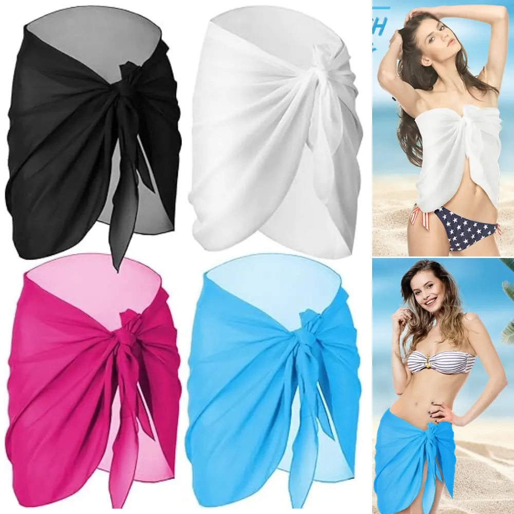 Women's 4-Pack Lightweight Chiffon Sarong Cover-Ups - Good Covering Effect, Short Quick-Drying Bikini Wrap Skirt, Sleeveless, Unscented, 140x50cm Casual Beach Hair Scarf